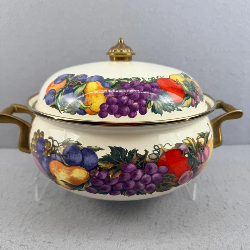 Vtg Enamel Dutch Oven Casserole Orchard Fruit Pattern Brass Handles Pristine 10
